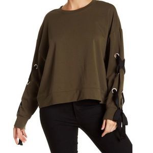 Two by Vince Camuto French Terry Lace-Up Green Long Sleeve Sweater size medium